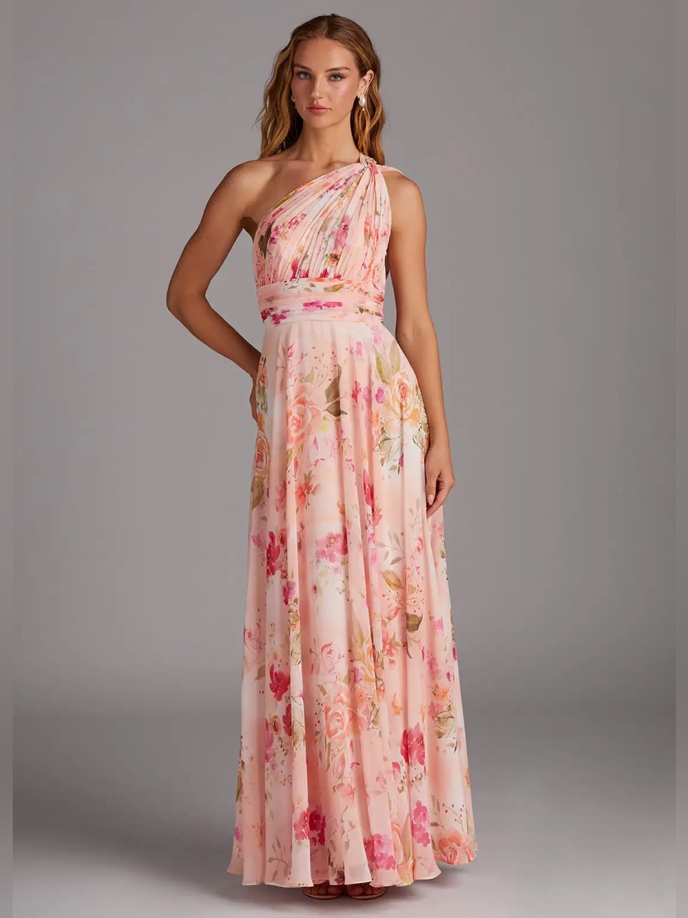 Azazie One-Shoulder Floral Maxi Dress in Blush Pink